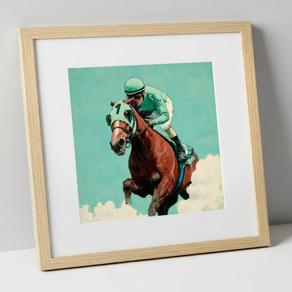 Flight of the Champion racing horse art print in natural frame