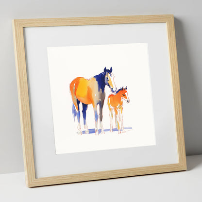 Sunlit Bond mare & foal art print in natural frame