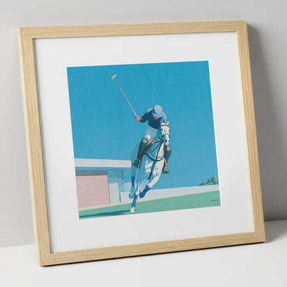 The Azure Chukka polo horse art print in natural frame