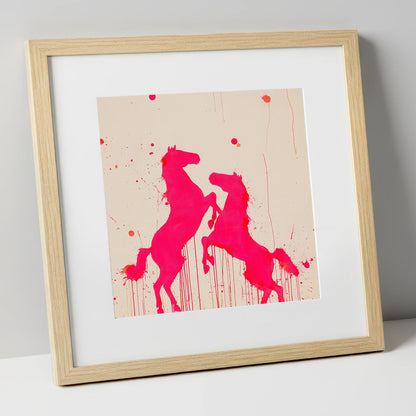 Magenta Equine Dance wild horses art print in natural frame