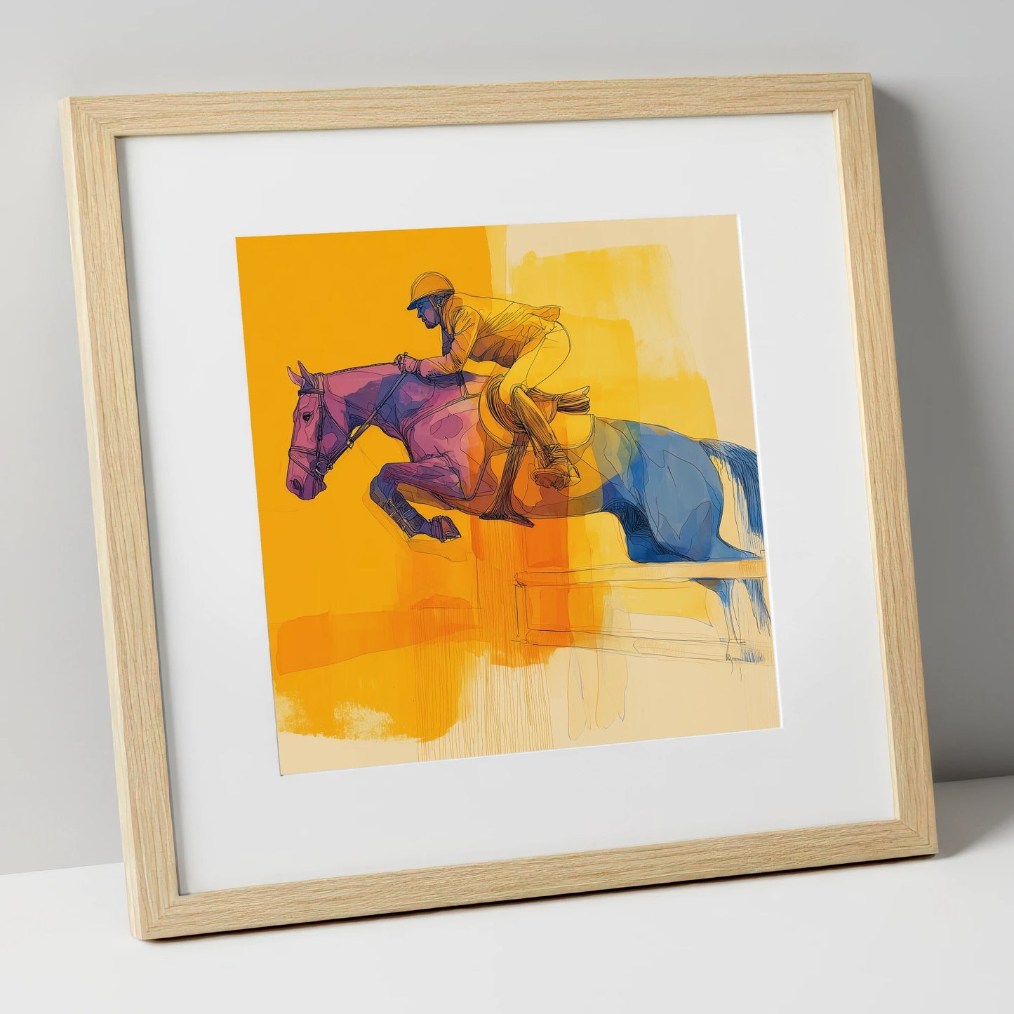 The Colour of Flight show jumping horse art print in natural frame