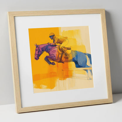 The Colour of Flight show jumping horse art print in natural frame