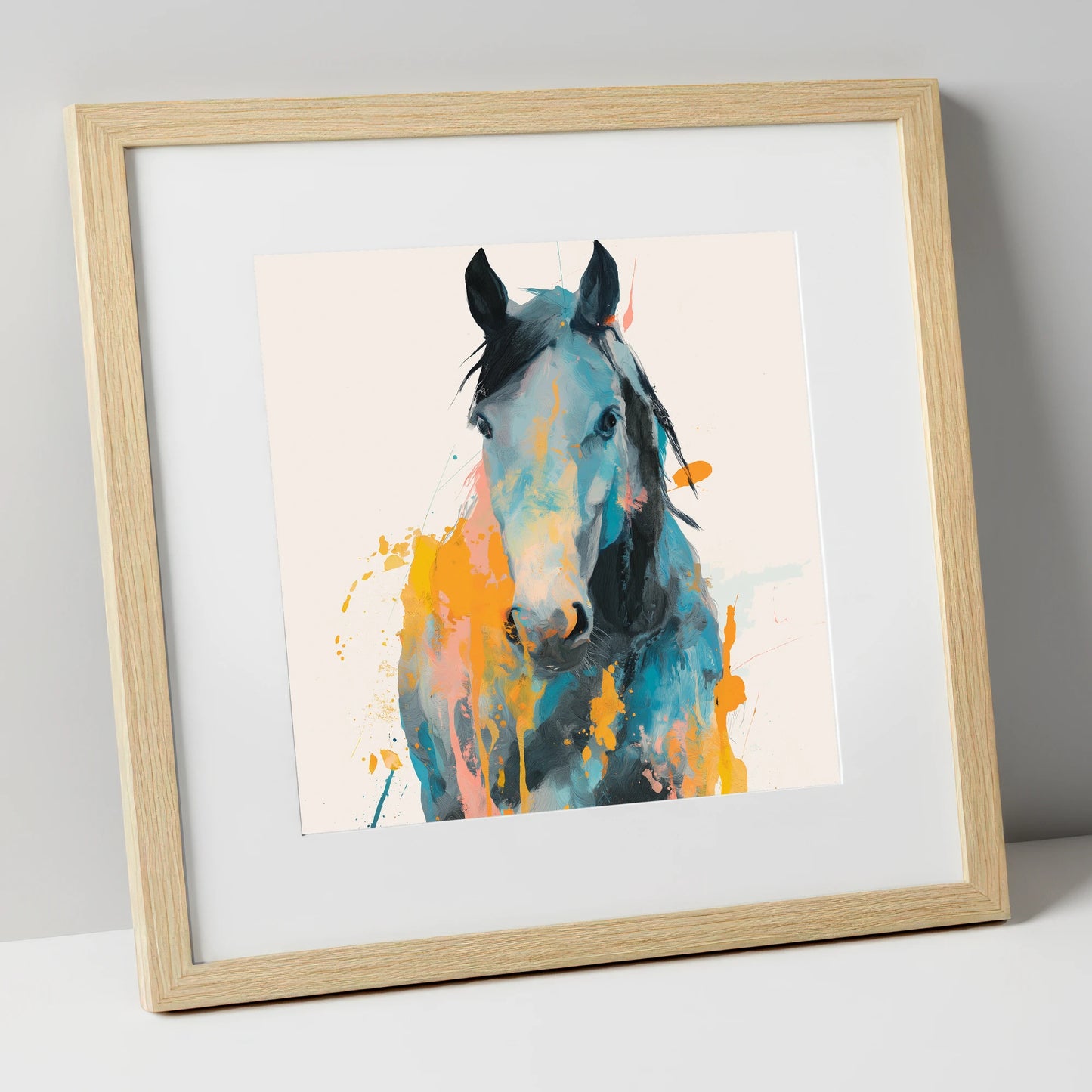 Teal and Amber Gaze horse portrait art print in natural frame