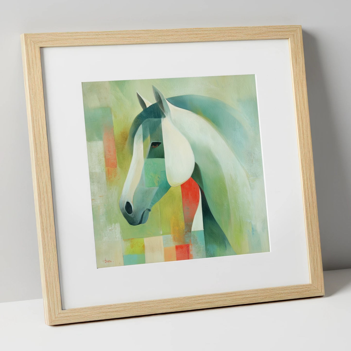 Geometric Equine Harmony horse portrait art print in natural frame