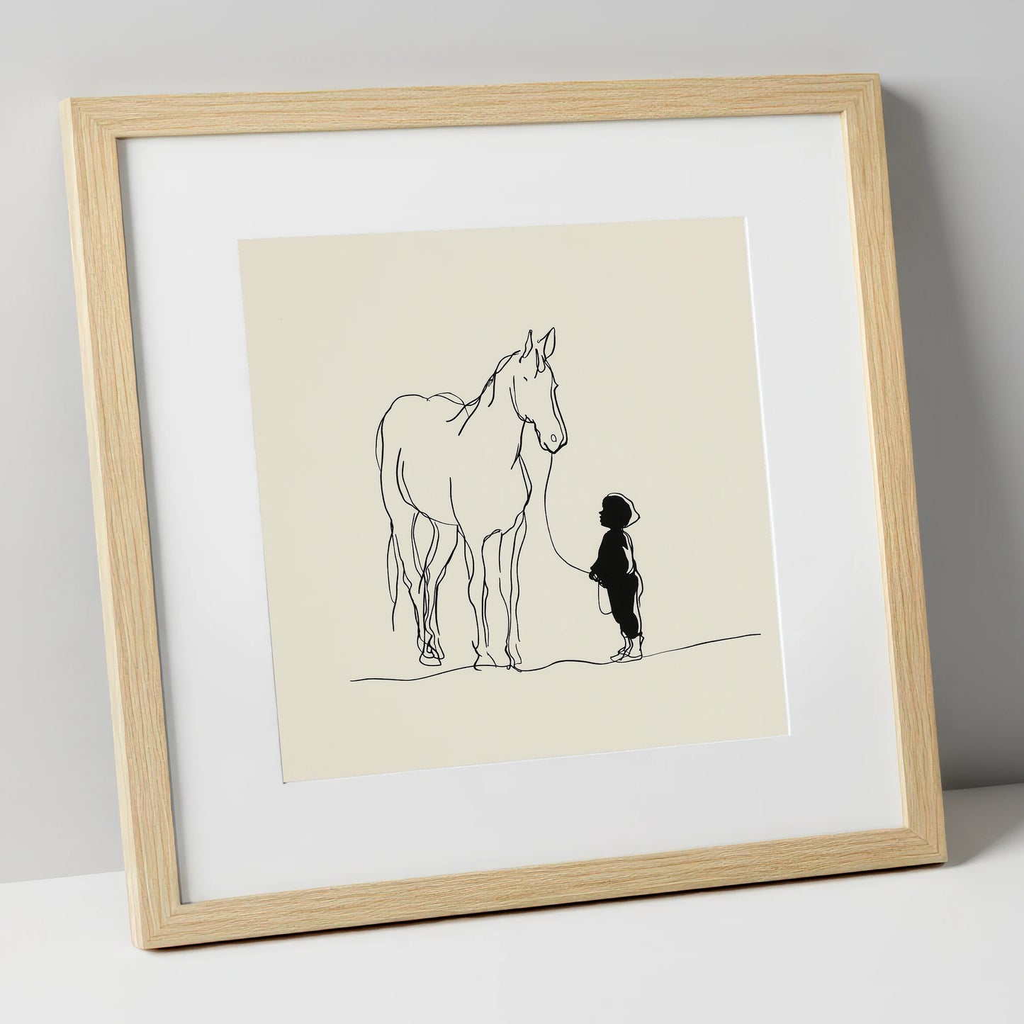 First Connection horse & rider art print in natural frame