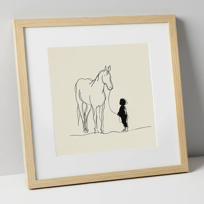 First Connection horse & rider art print in natural frame