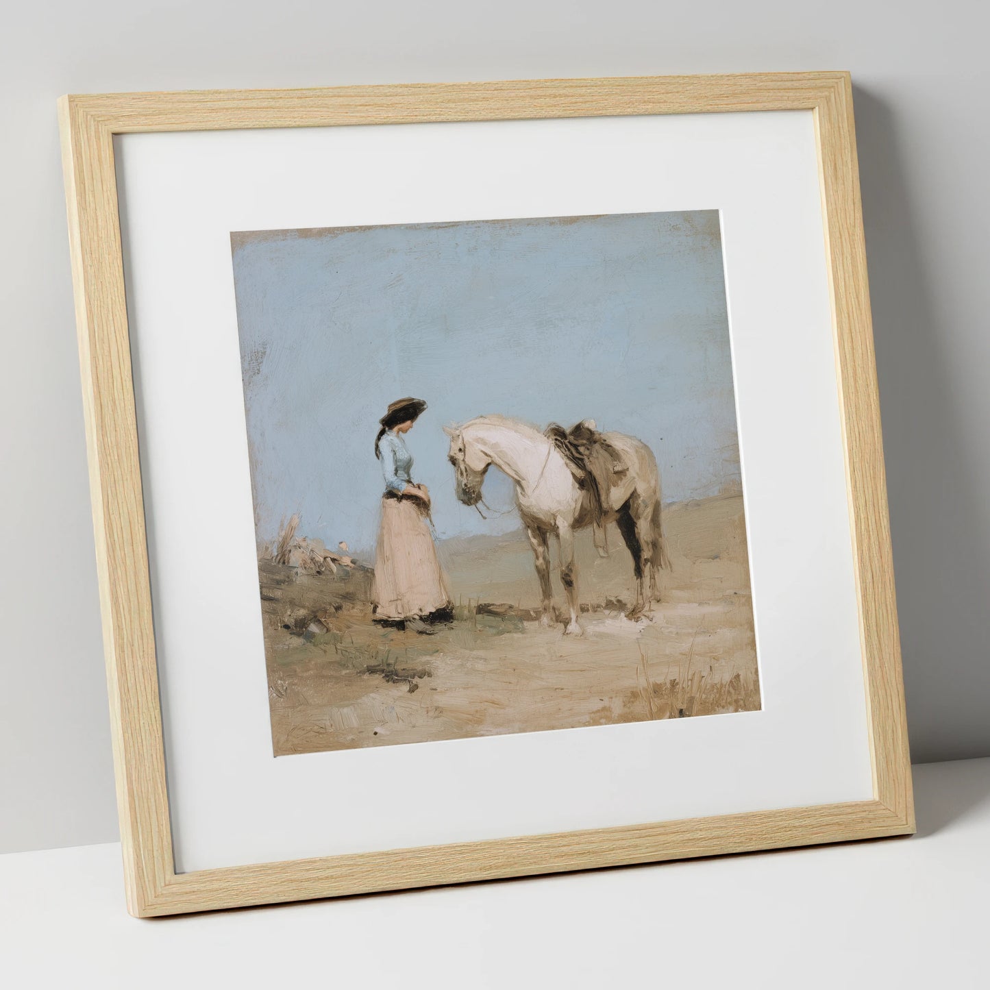 The Waiting Grey horse & rider art print in natural frame