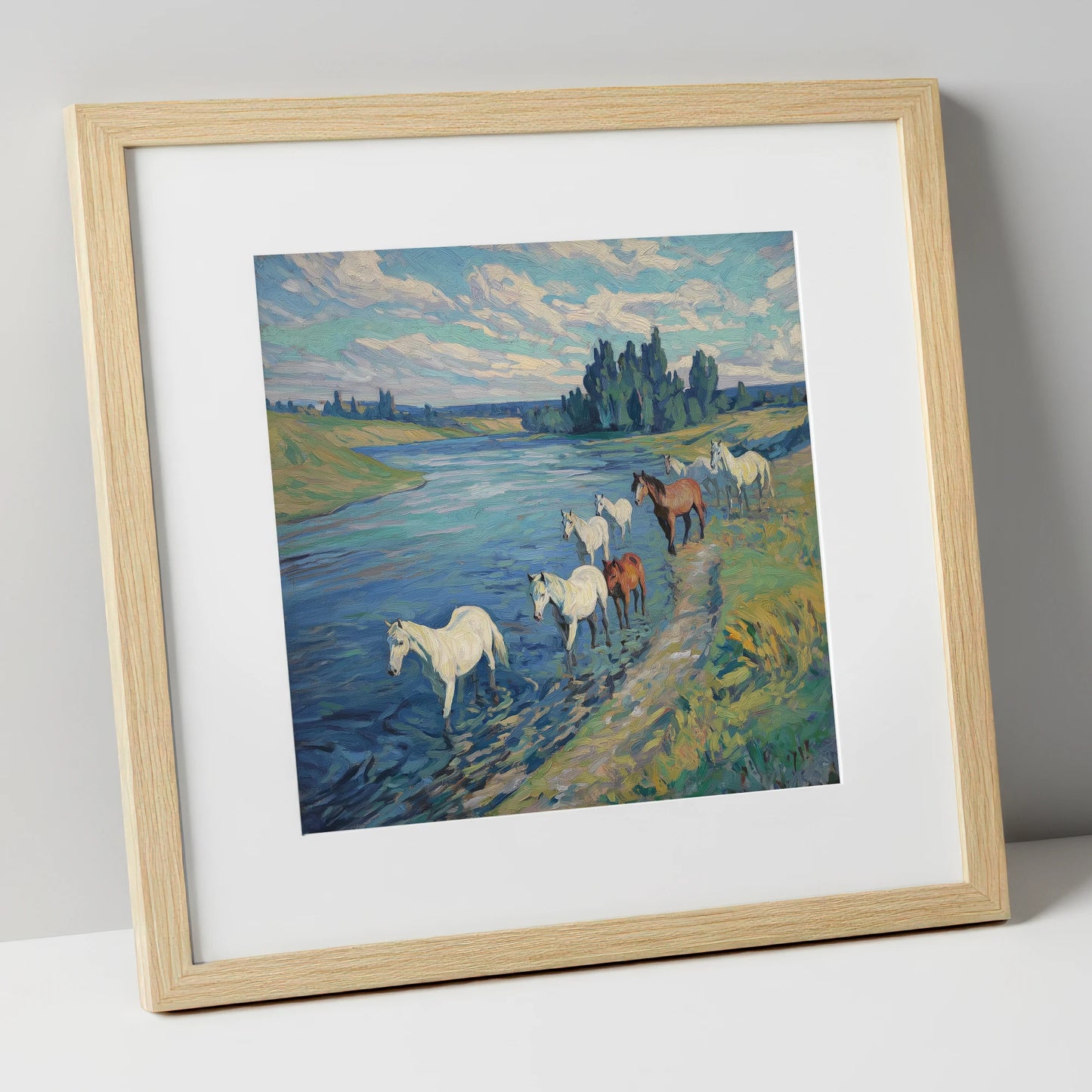 Riverside Herd wild horses art print in natural frame