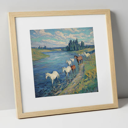 Riverside Herd wild horses art print in natural frame