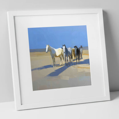 Sunlit High Plains wild horses art print in white frame