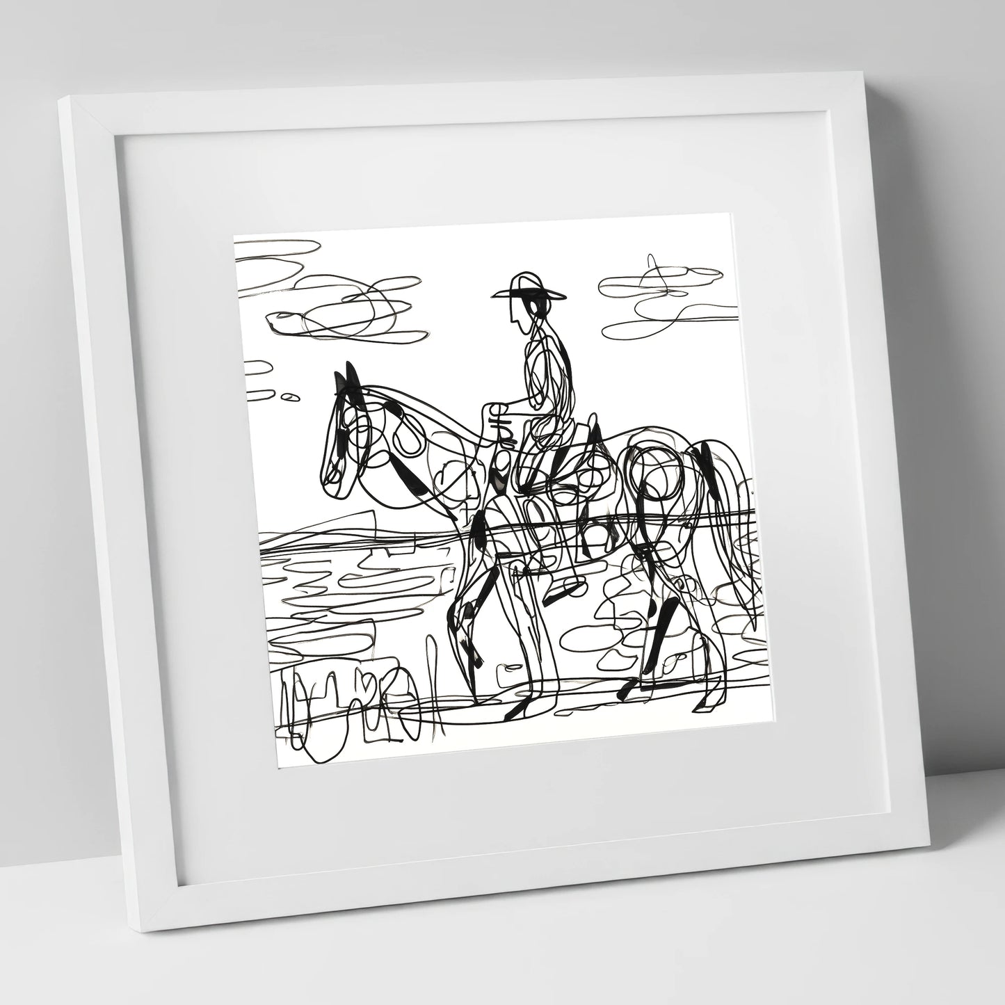 Linear Beach Ride beach horse art print in white frame