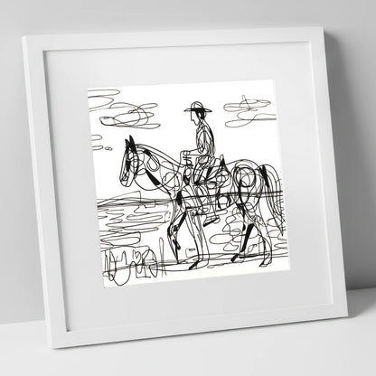 Linear Beach Ride beach horse art print in white frame