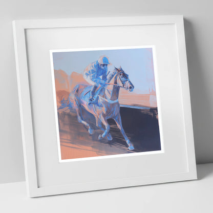 Indigo Stride racing horse art print in white frame
