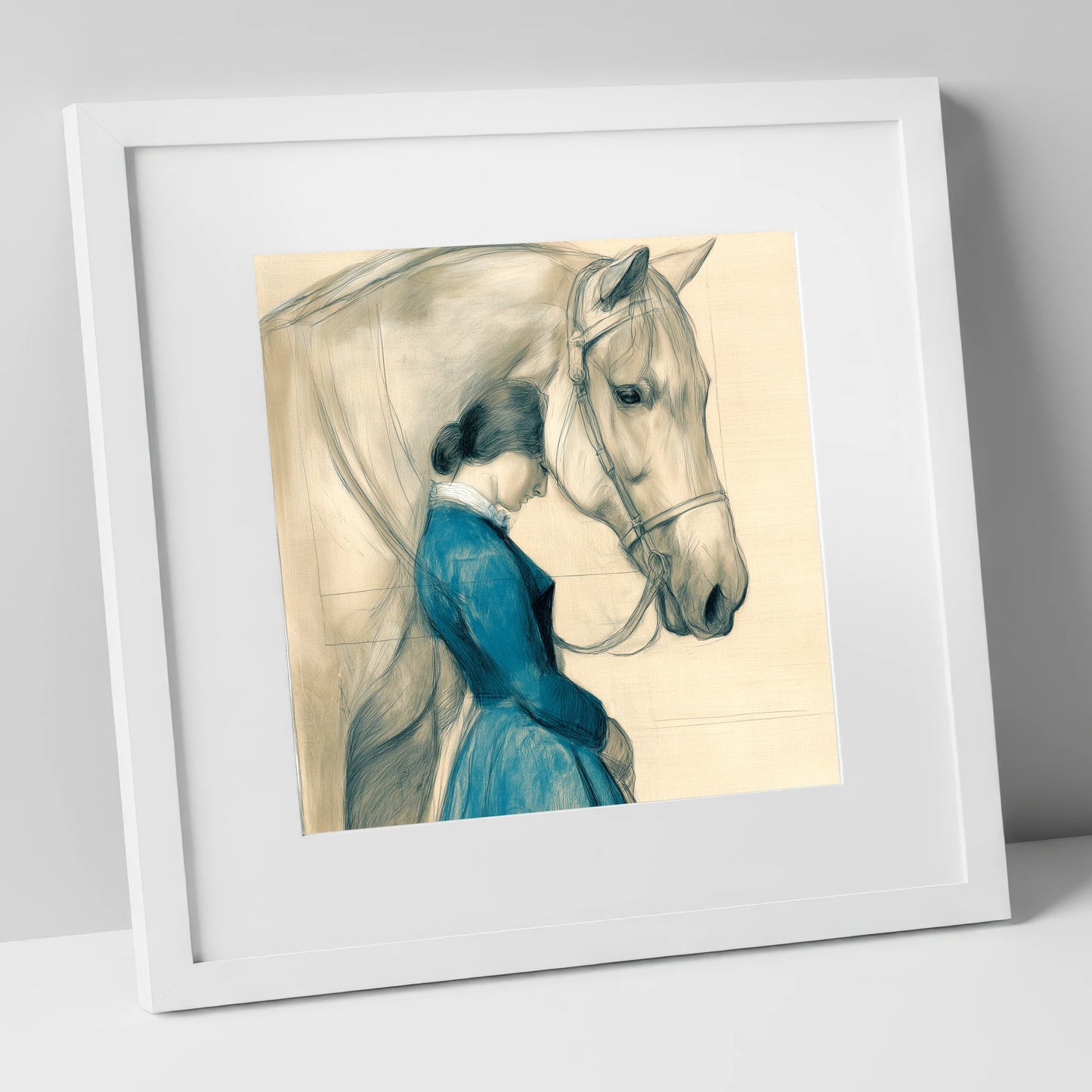 Solace in Stillness horse & rider art print in white frame