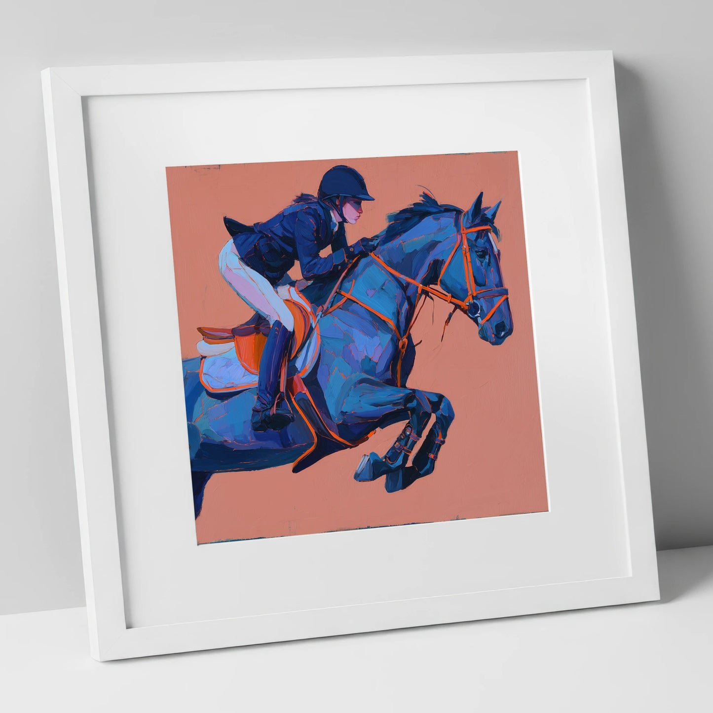 Indigo Leap show jumping horse art print in white frame