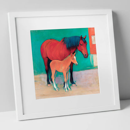 Crimson Mare and Foal mare & foal art print in white frame