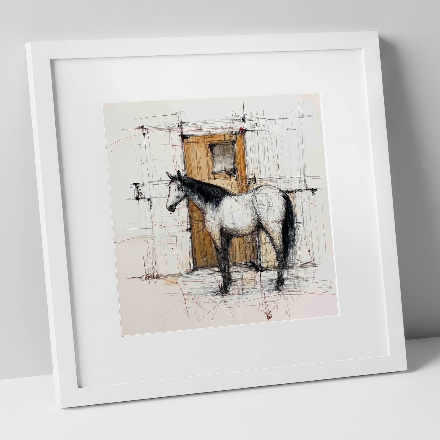 Waiting At The Stable Door horse stable art print in white frame