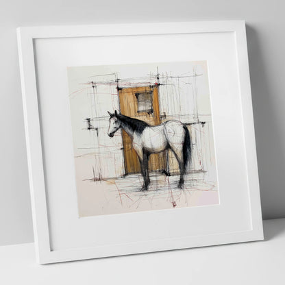 Waiting At The Stable Door horse stable art print in white frame