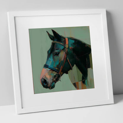 The Midnight Bridle horse portrait art print in white frame