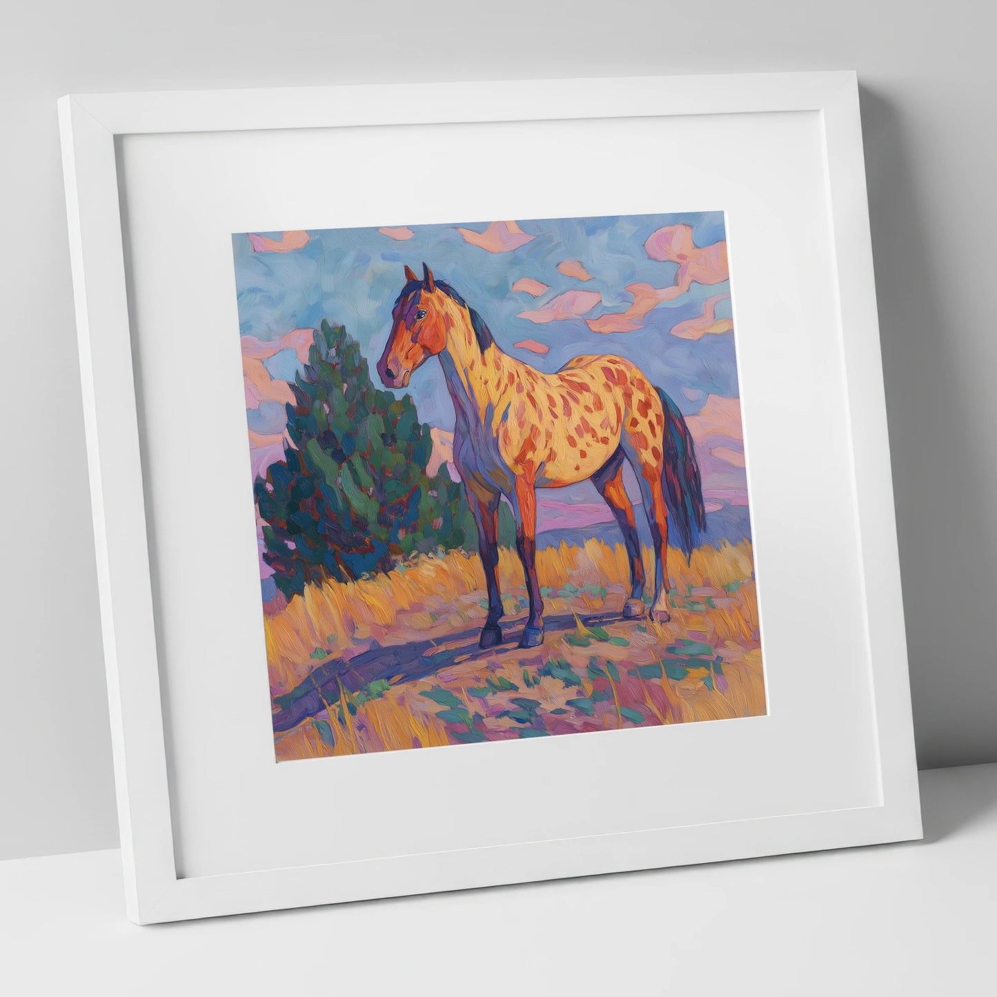 Painted Prairie Appaloosa horse breed art print in white frame