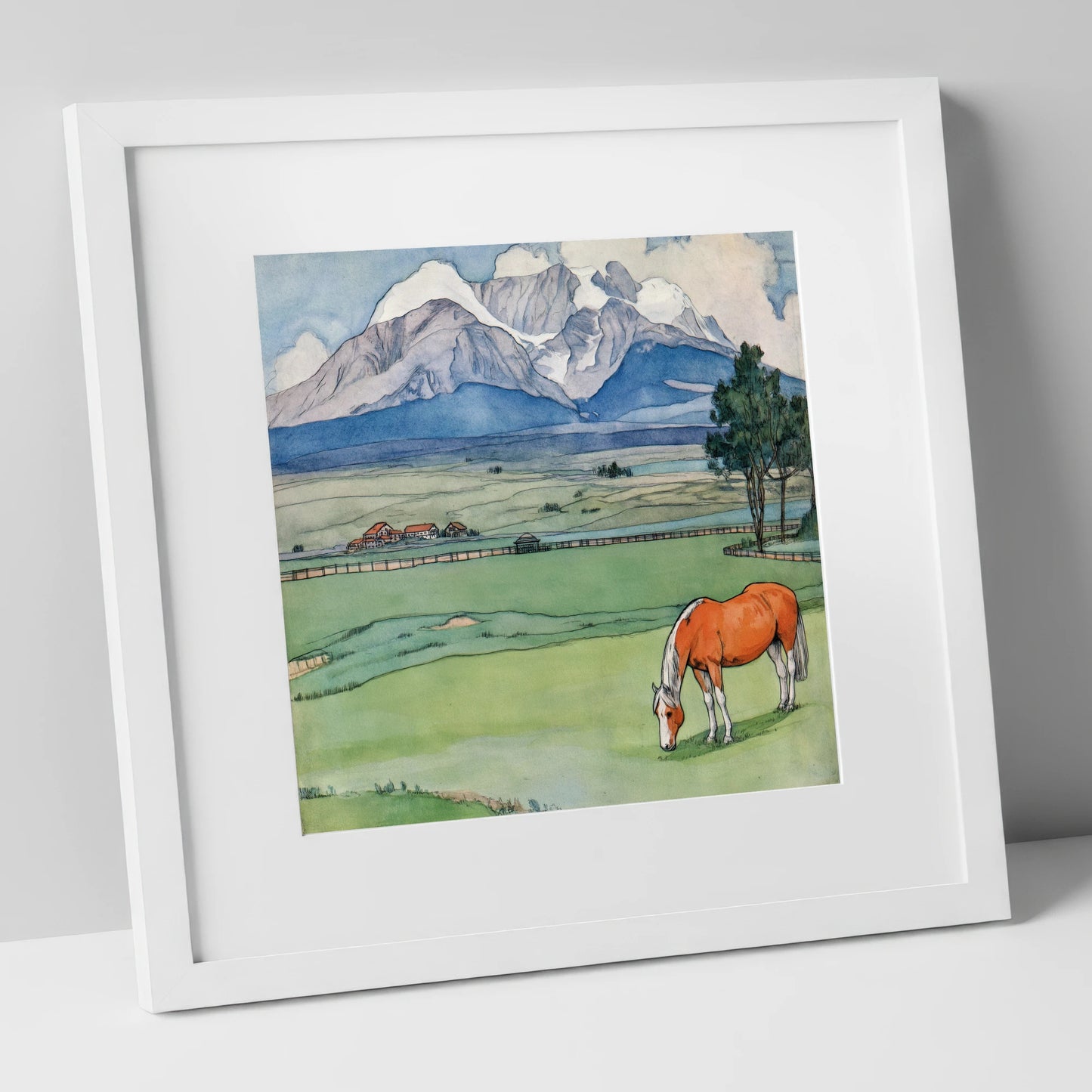 Alpine Pastures horse landscape art print in white frame