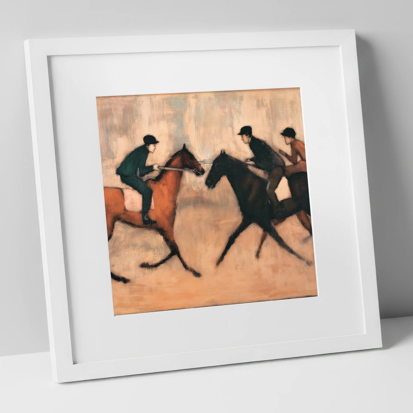 Meeting on the Gallops racing horse art print in white frame