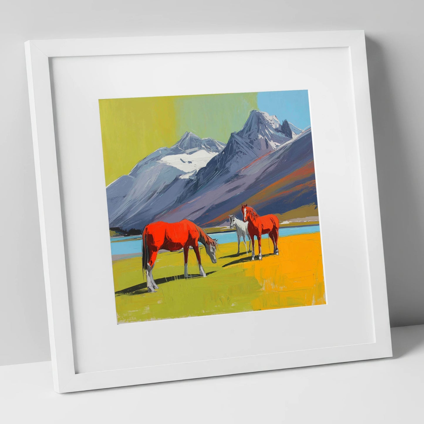 Vibrant Mountain Grazing horse landscape art print in white frame