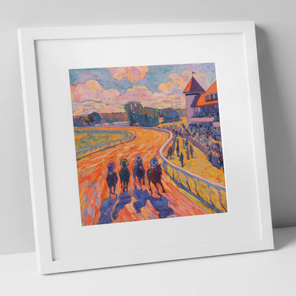 Colours of the Home Straight racing horse art print in white frame