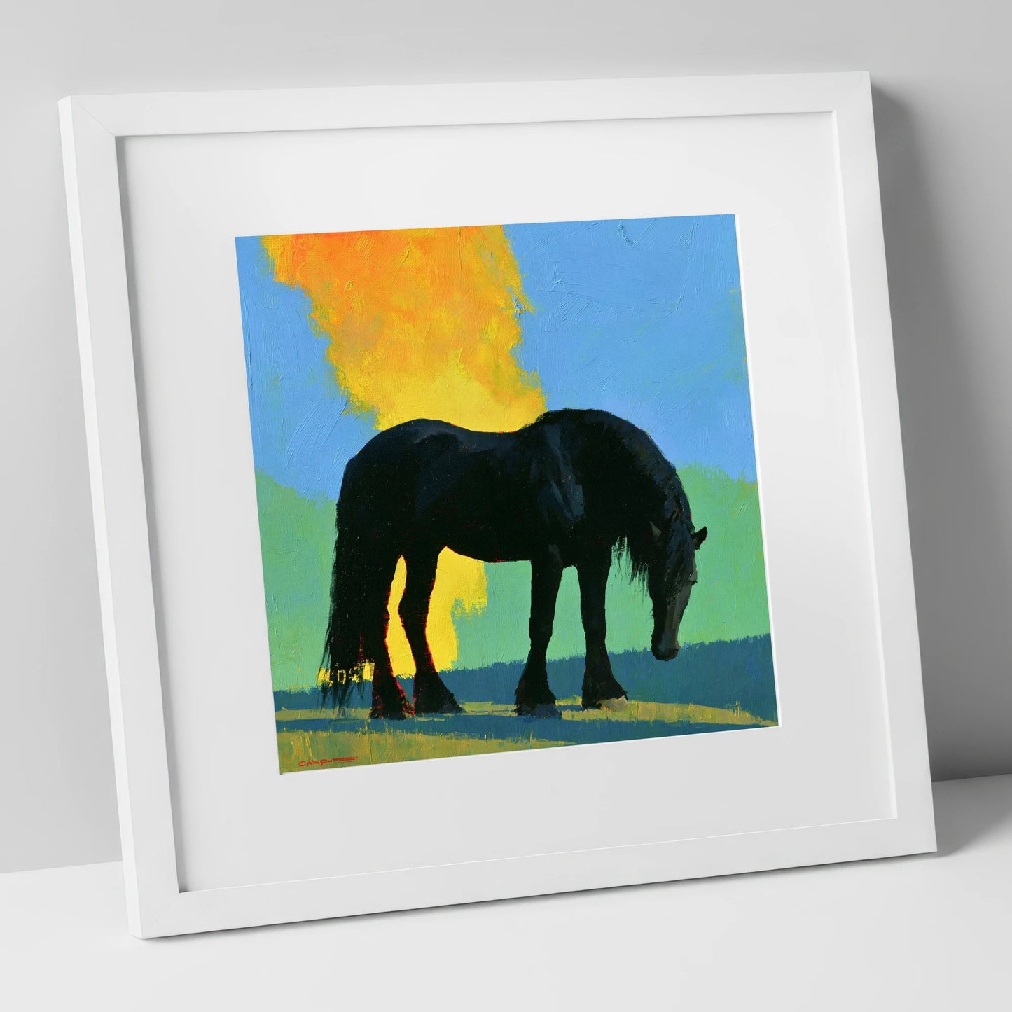 Black Heavy Horse Vibrant Landscape horse breed art print in white frame