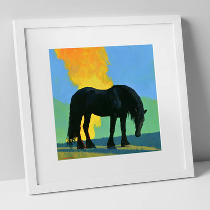 Black Heavy Horse Vibrant Landscape horse breed art print in white frame