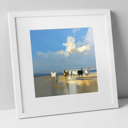 Sunlit Coastal Herd horse landscape art print in white frame