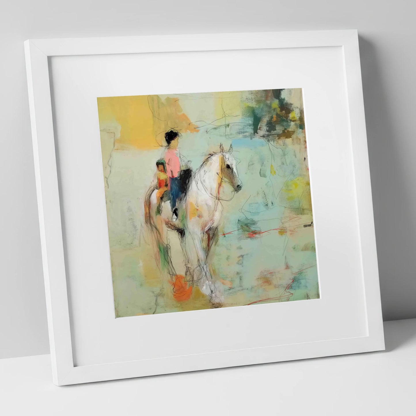 The Shared Ride horse & rider art print in white frame