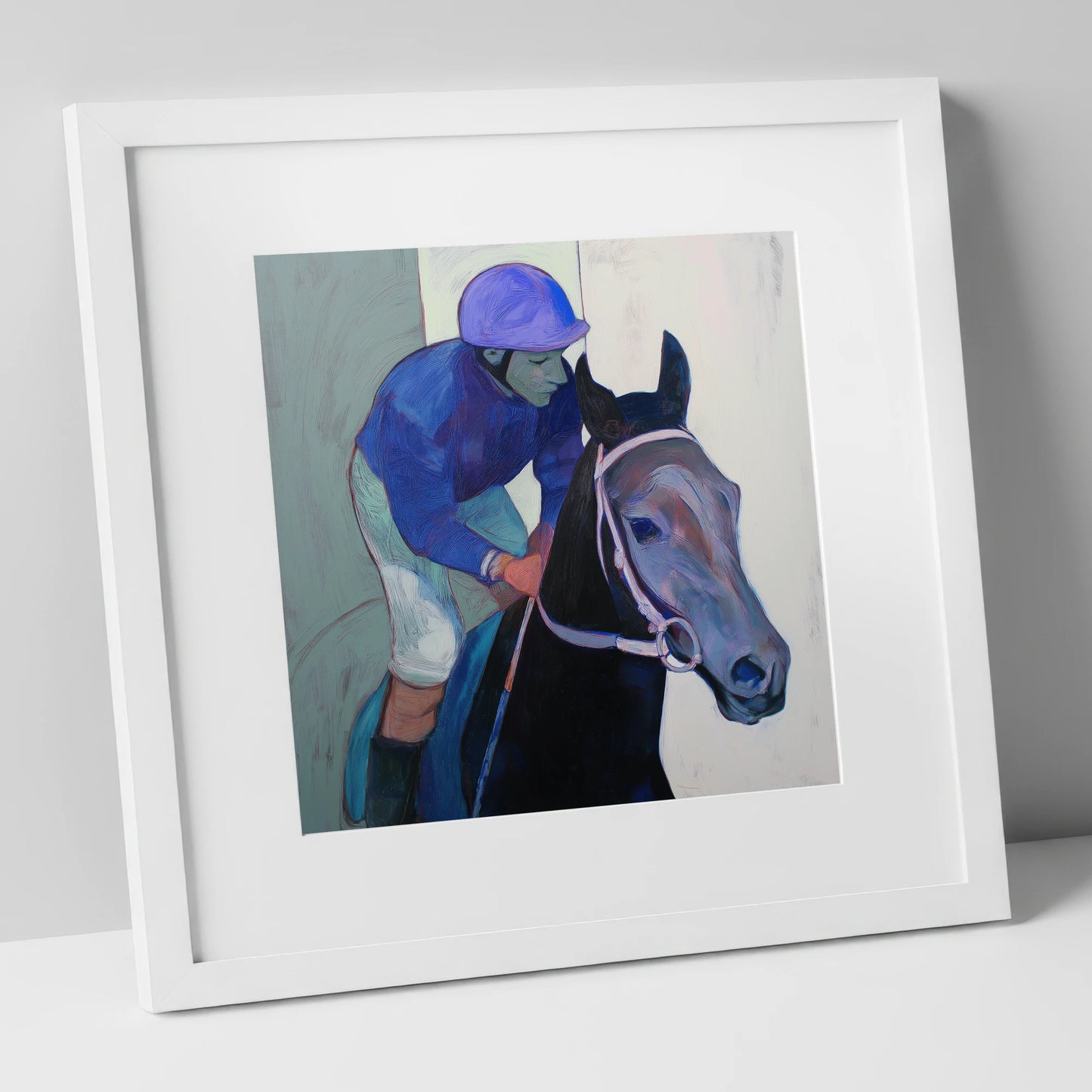 Moment of Focus racing horse art print in white frame