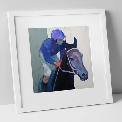 Moment of Focus racing horse art print in white frame