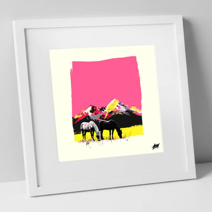 Vibrant Mountain Pastures horse landscape art print in white frame