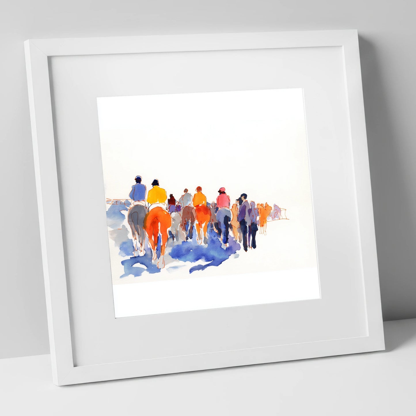 Heading to the Post racing horse art print in white frame