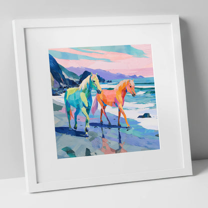 Vivid Coastal Companions horse landscape art print in white frame