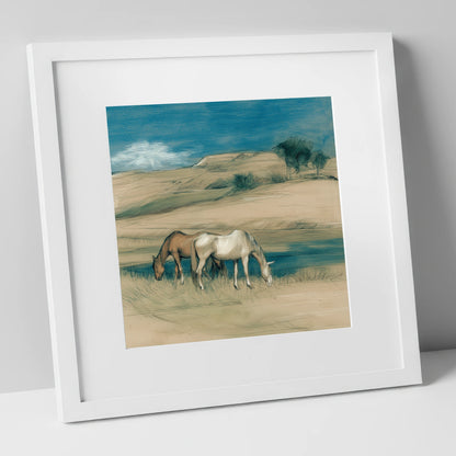 Quiet Companions horse landscape art print in white frame
