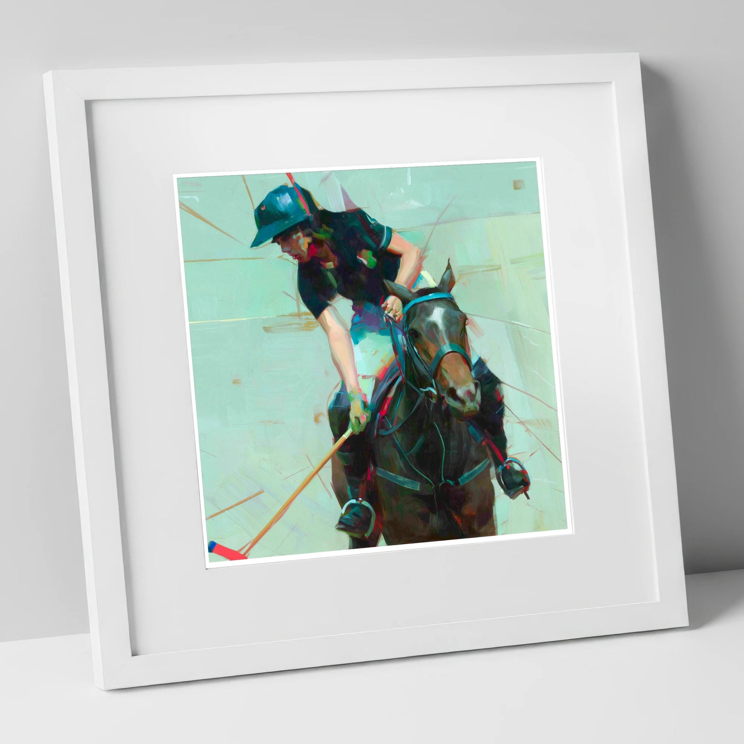 Mid-Match Focus polo horse art print in white frame