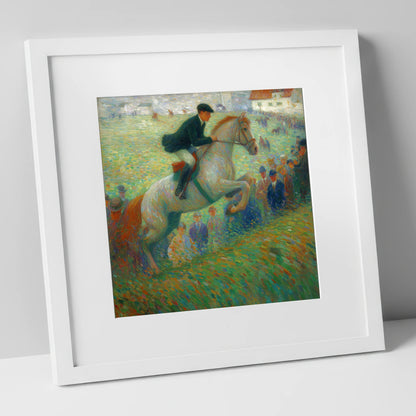 Luminous Grey in Flight show jumping horse art print in white frame