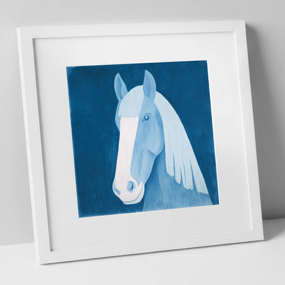 The Blue Blaze horse breed art print in white frame