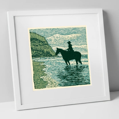 Edge of the Tide beach horse art print in white frame