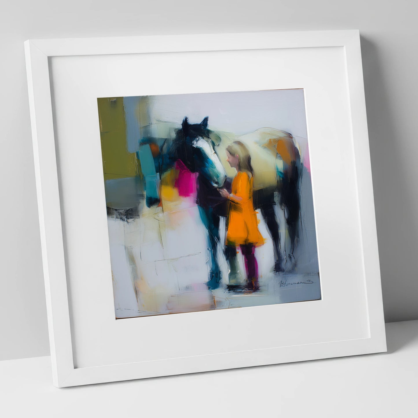 Vibrant Connection horse & rider art print in white frame