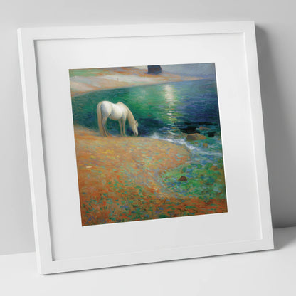 Luminous Coastal Shoreline horse landscape art print in white frame