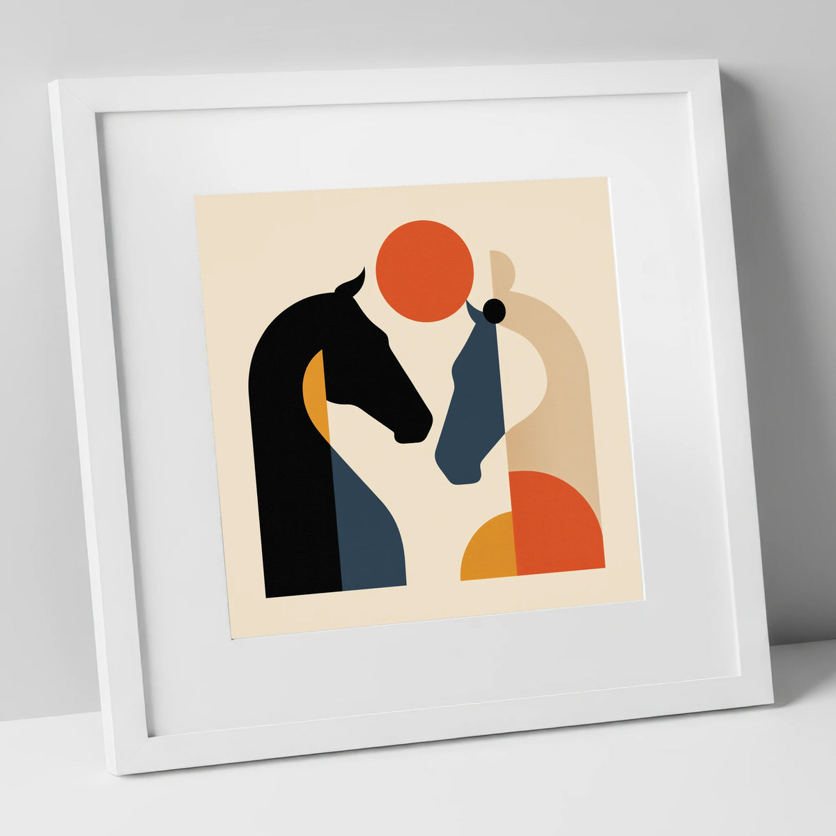 Mid-Century Equine Duo horse portrait art print in white frame