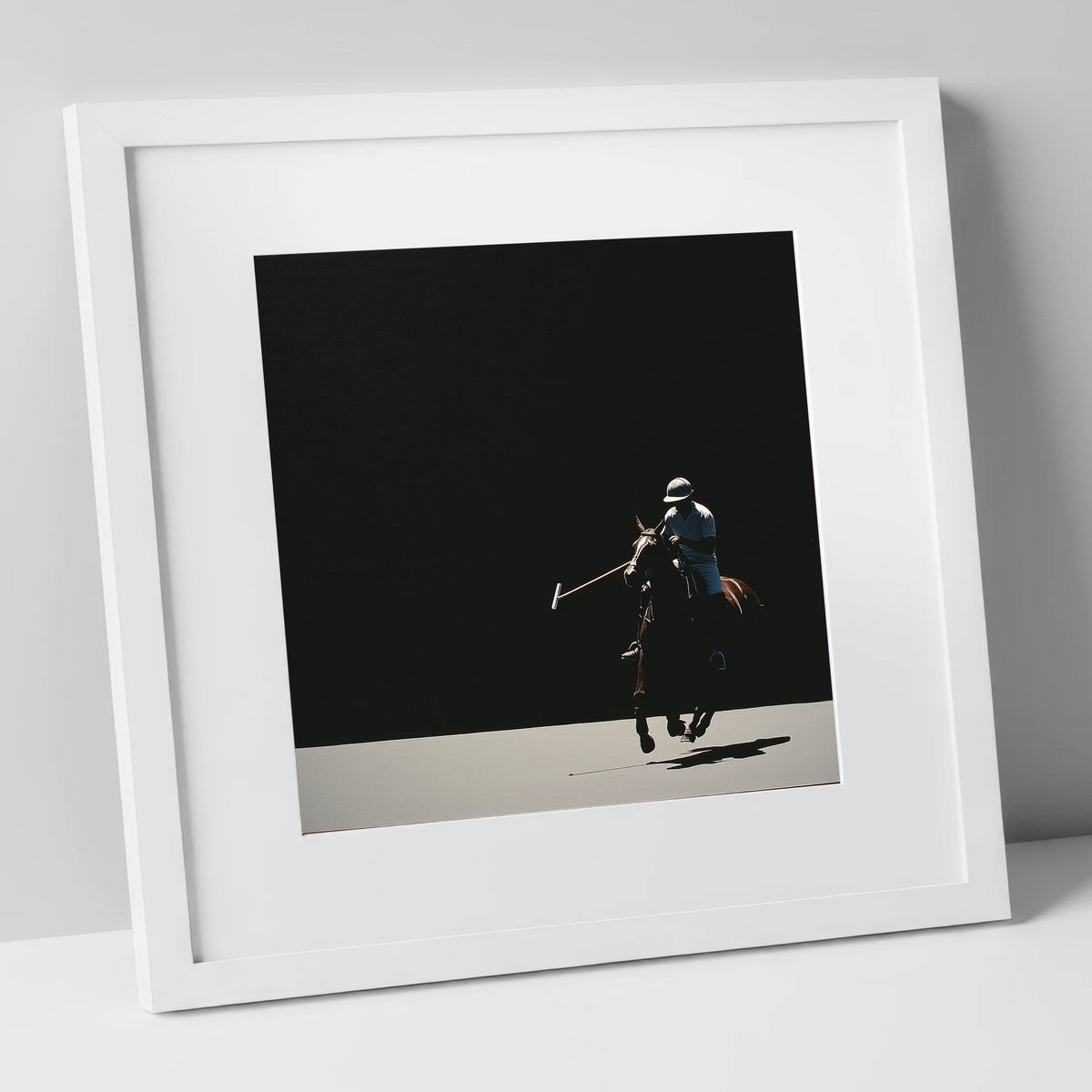 Polo Player in Dramatic Contrast polo horse art print in white frame
