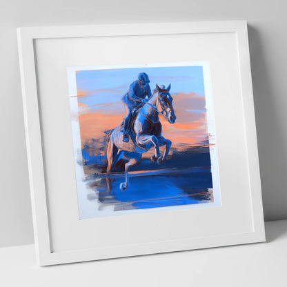 Cobalt Flight show jumping horse art print in white frame