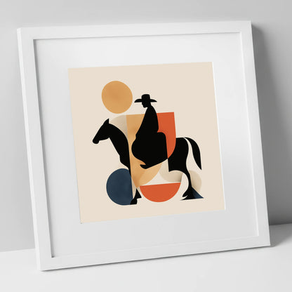 Geometric Western Rider western horse art print in white frame