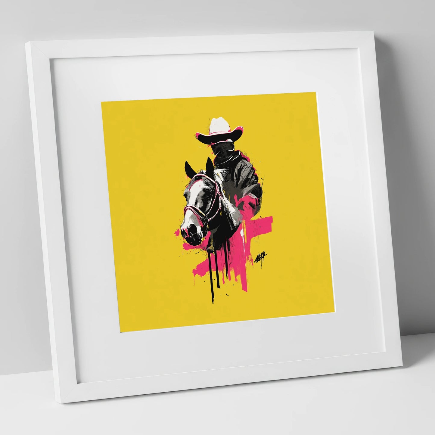 Magenta Western Rider western horse art print in white frame