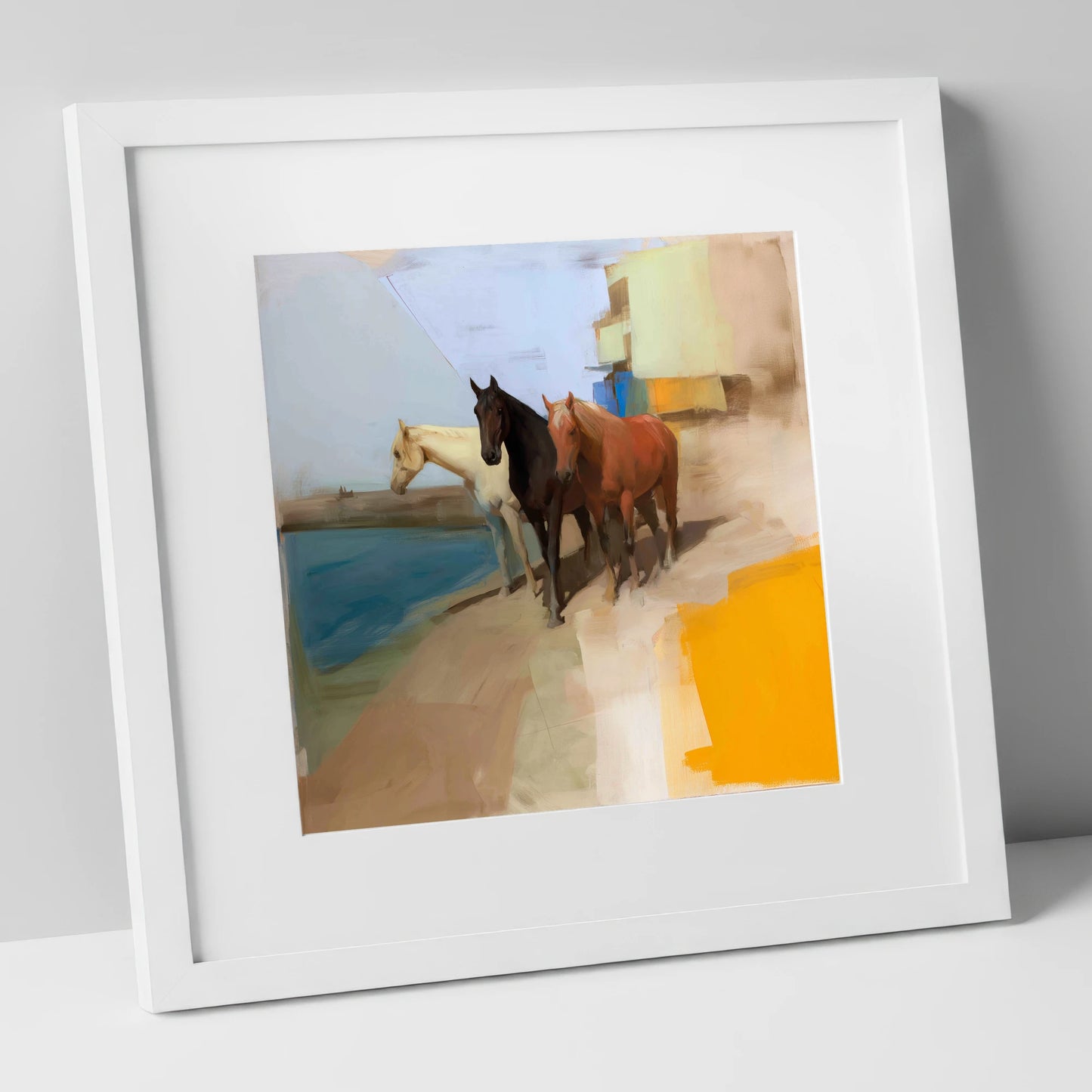 The Waterfront Trio horse landscape art print in white frame